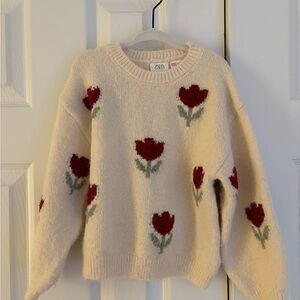 Zara Cream Sweater with Red Tulip Pattern